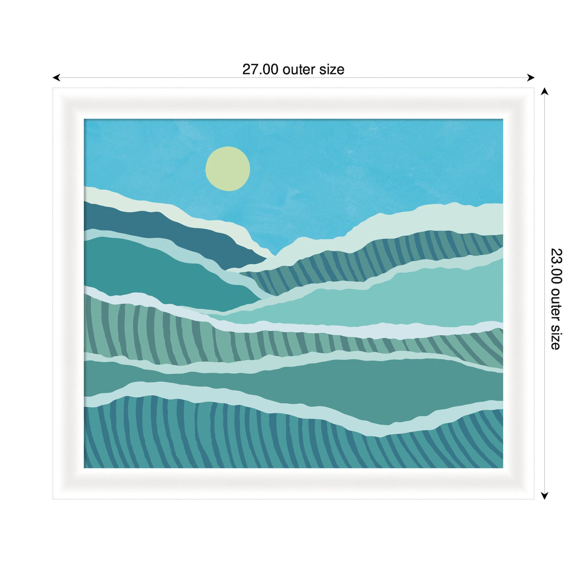 Abstract landscape of layered blue and teal waves with striped patterns under a pale yellow sun in a bright blue sky, framed in white with outer dimensions 27 by 23 inches.