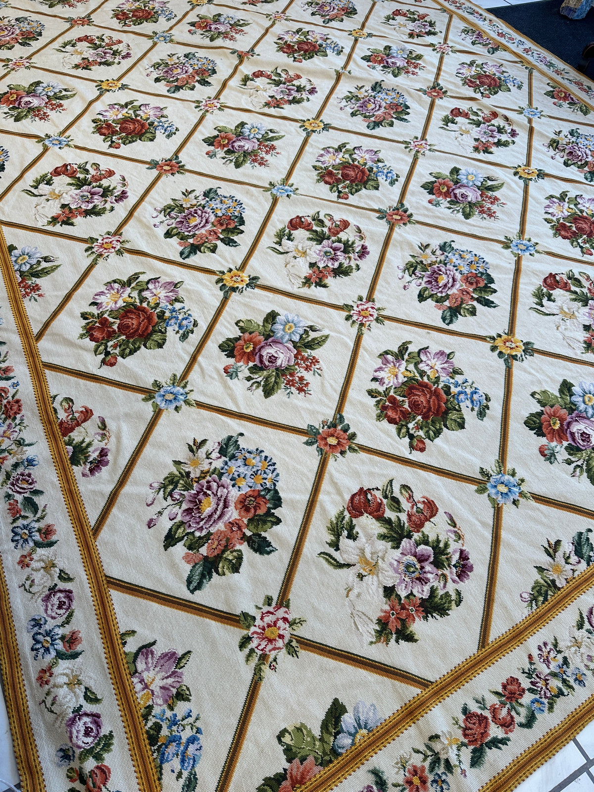 Handmade Needlepoint Floral Wool Rug – 9' 7" x 13' 5" – Vintage by Rugistan - product image 3 for Resin Society