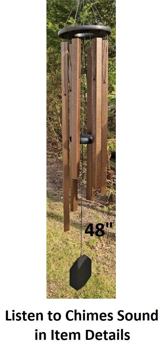 Amish handmade square aluminum wind chimes in outdoor garden setting