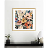 Square floral painting with stylized large blooms in soft peach, cream, orange, and blue-green leaves in a light wood frame hanging above a black console table with plants and books.