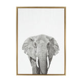 Frontal view of a detailed gray elephant head with prominent tusks on a light textured canvas, framed in a simple thin wooden frame.