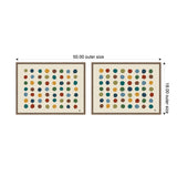 Two framed canvases side by side, each with 36 colored dots arranged in a 6x6 grid, featuring autumnal tones like teal, mustard, rust, and green on a cream background.