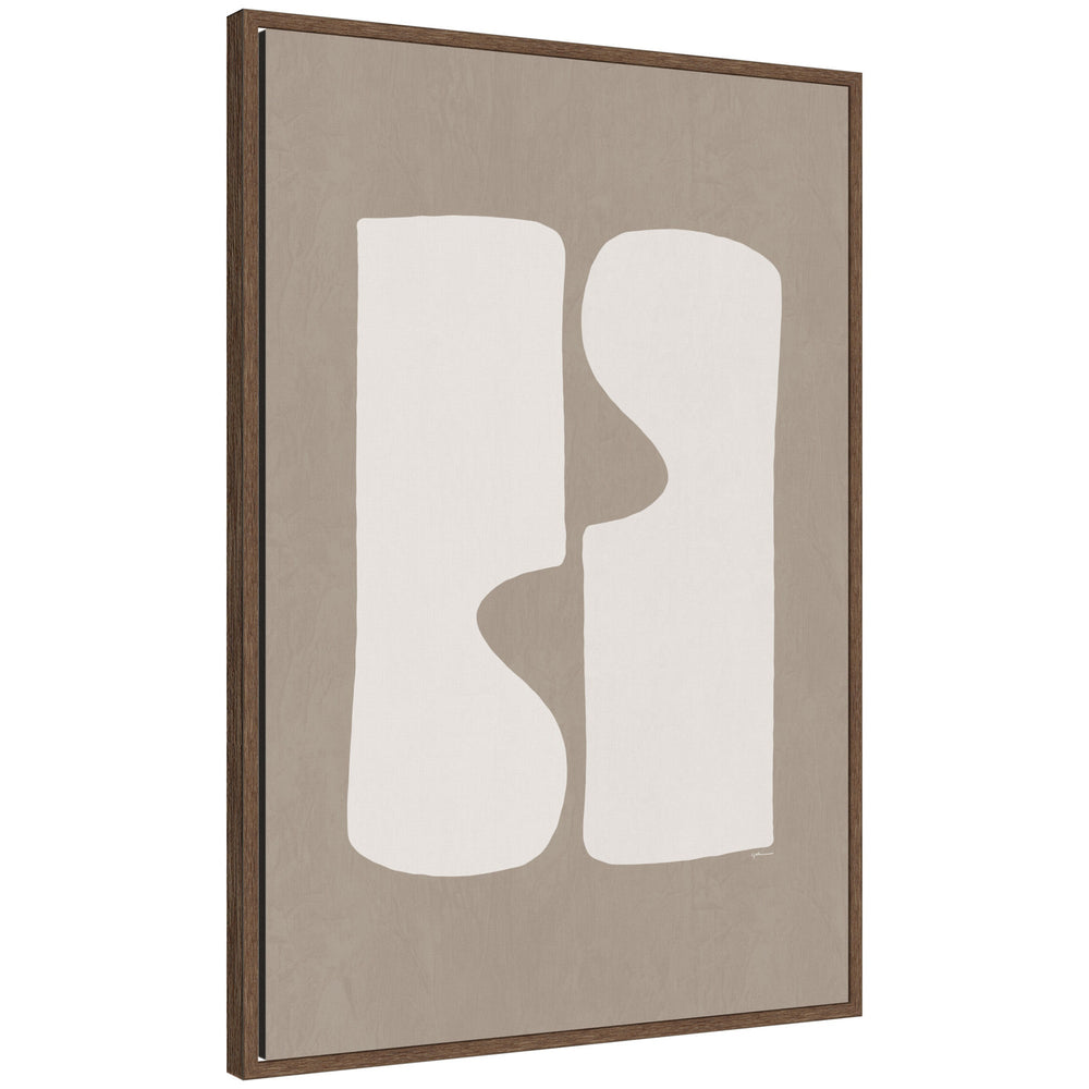 Framed canvas wall art print titled Organic Figures No.
1 by Gabrielly Guedes showcasing abstract organic figures in muted tones within a walnut brown Sylvie frame.