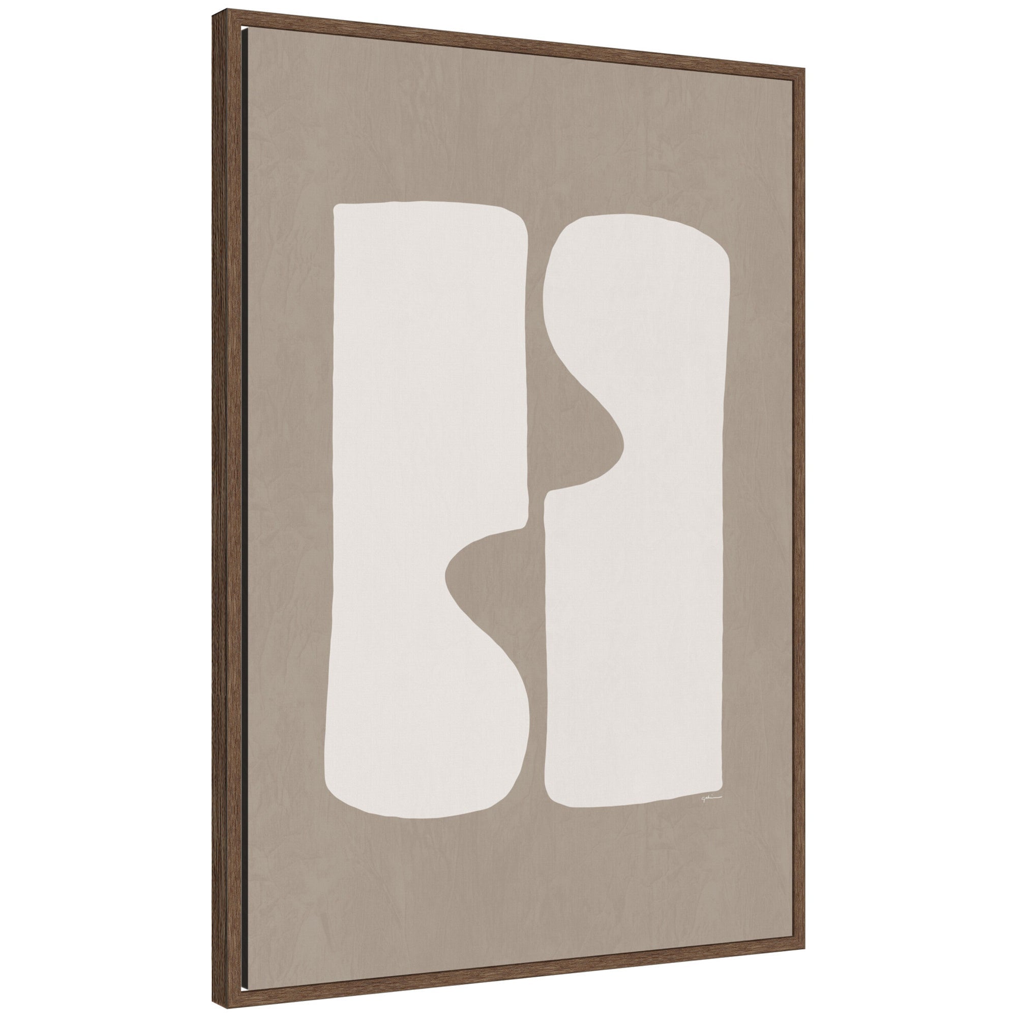 Framed canvas wall art print titled Organic Figures No.
1 by Gabrielly Guedes showcasing abstract organic figures in muted tones within a walnut brown Sylvie frame.