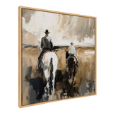 Abstract painting of two cowboys on horseback riding away through a neutral-toned landscape with broad brushstrokes in browns, grays, and whites framed in light wood.