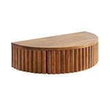 Semicircular wooden side table with vertical ribbed slats around its curved edge and a smooth flat top surface in warm brown tones.