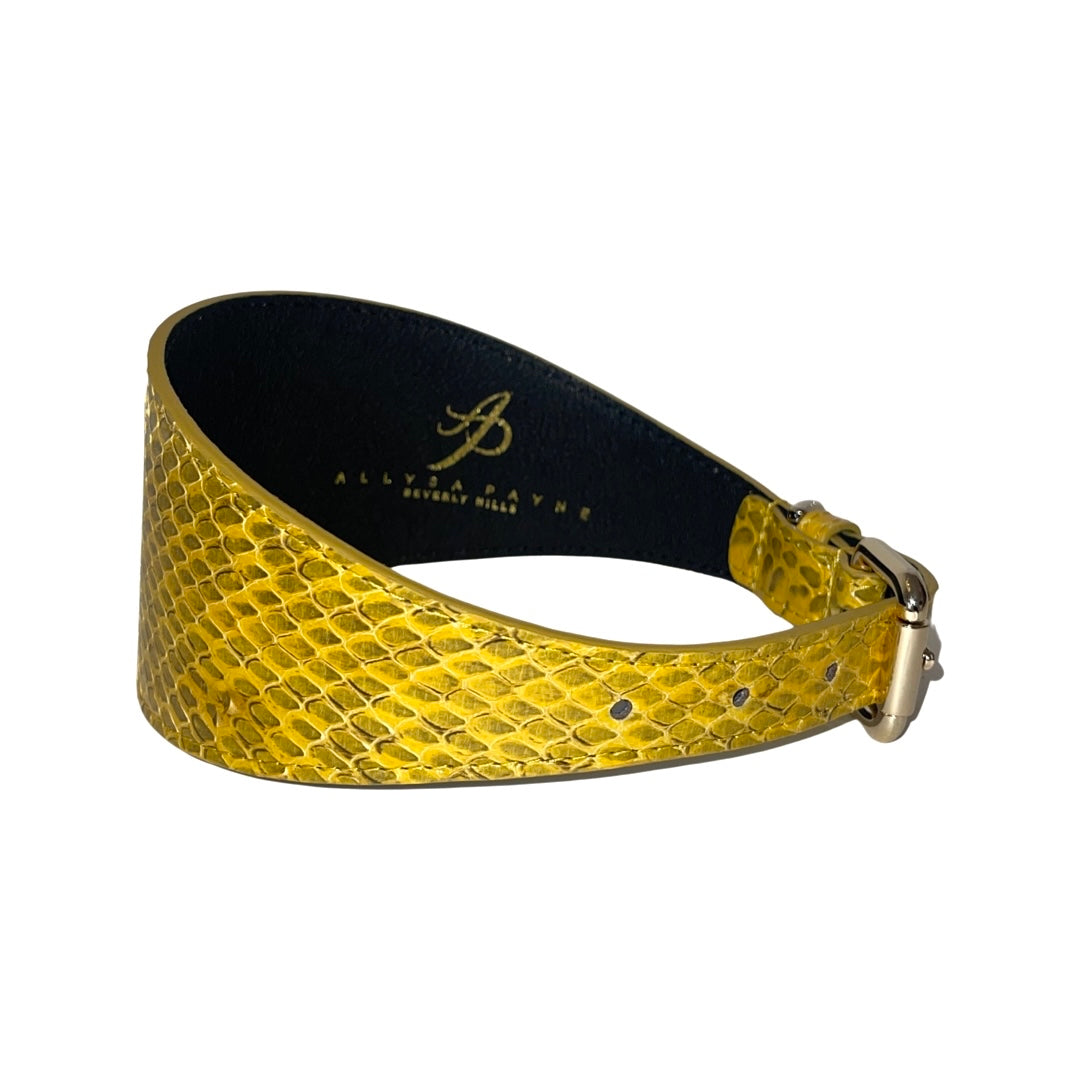 Mustard yellow snake-patterned 3-inch wide collar with a metal buckle and black inner lining, curved to show its texture and brand logo inside.