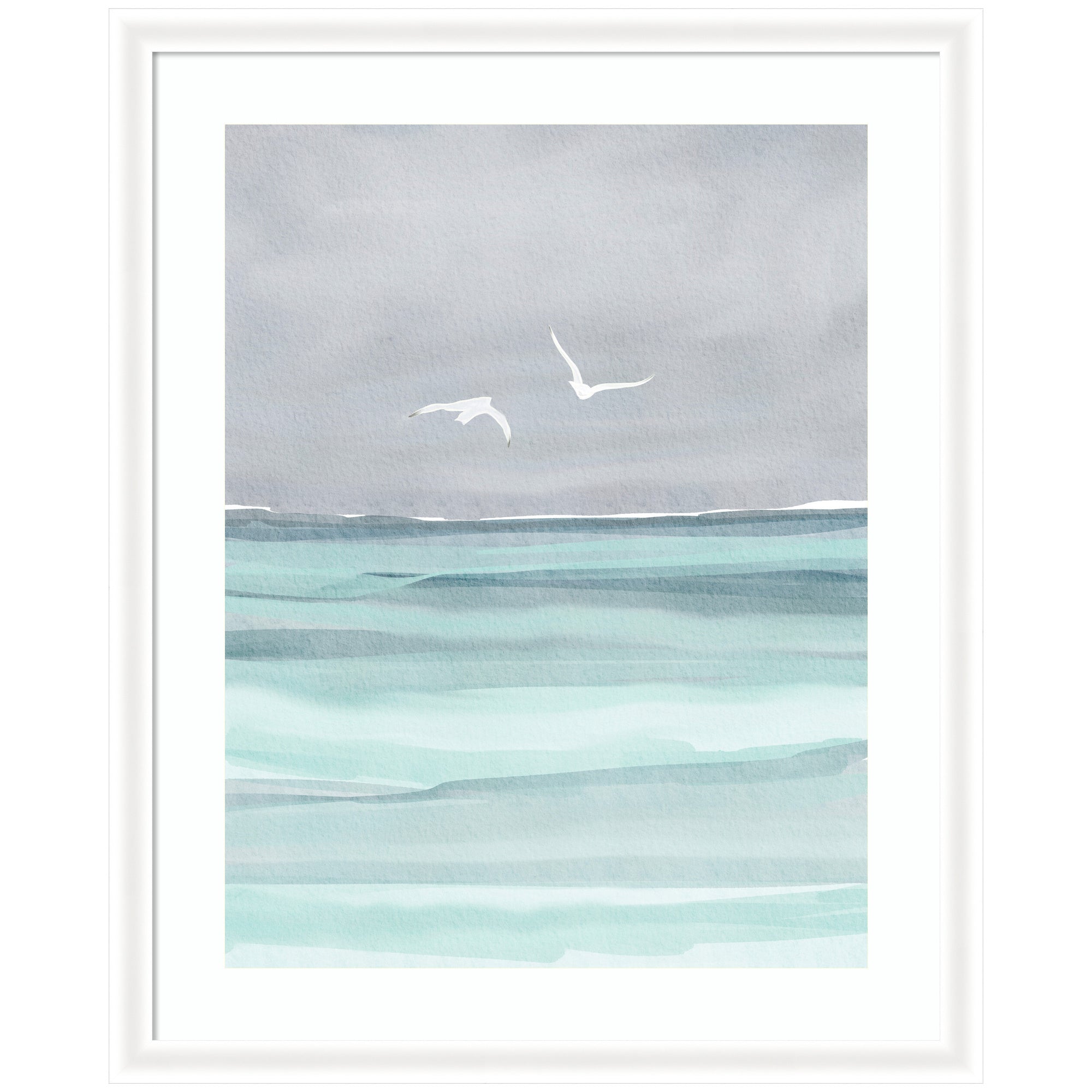 Framed watercolor art print showing seagulls flying over gentle waves in soft blue and gray tones