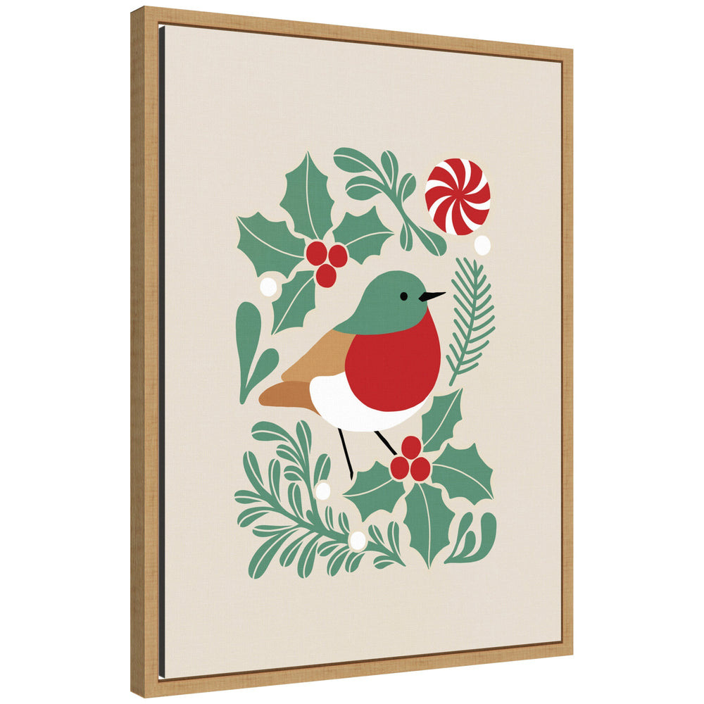 Stylized bird with holly leaves, red berries, and peppermint candy on Sylvie framed canvas by Dominique Vari