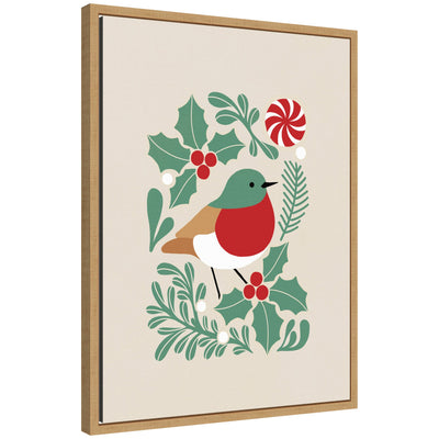 Stylized bird with holly leaves, red berries, and peppermint candy on Sylvie framed canvas by Dominique Vari