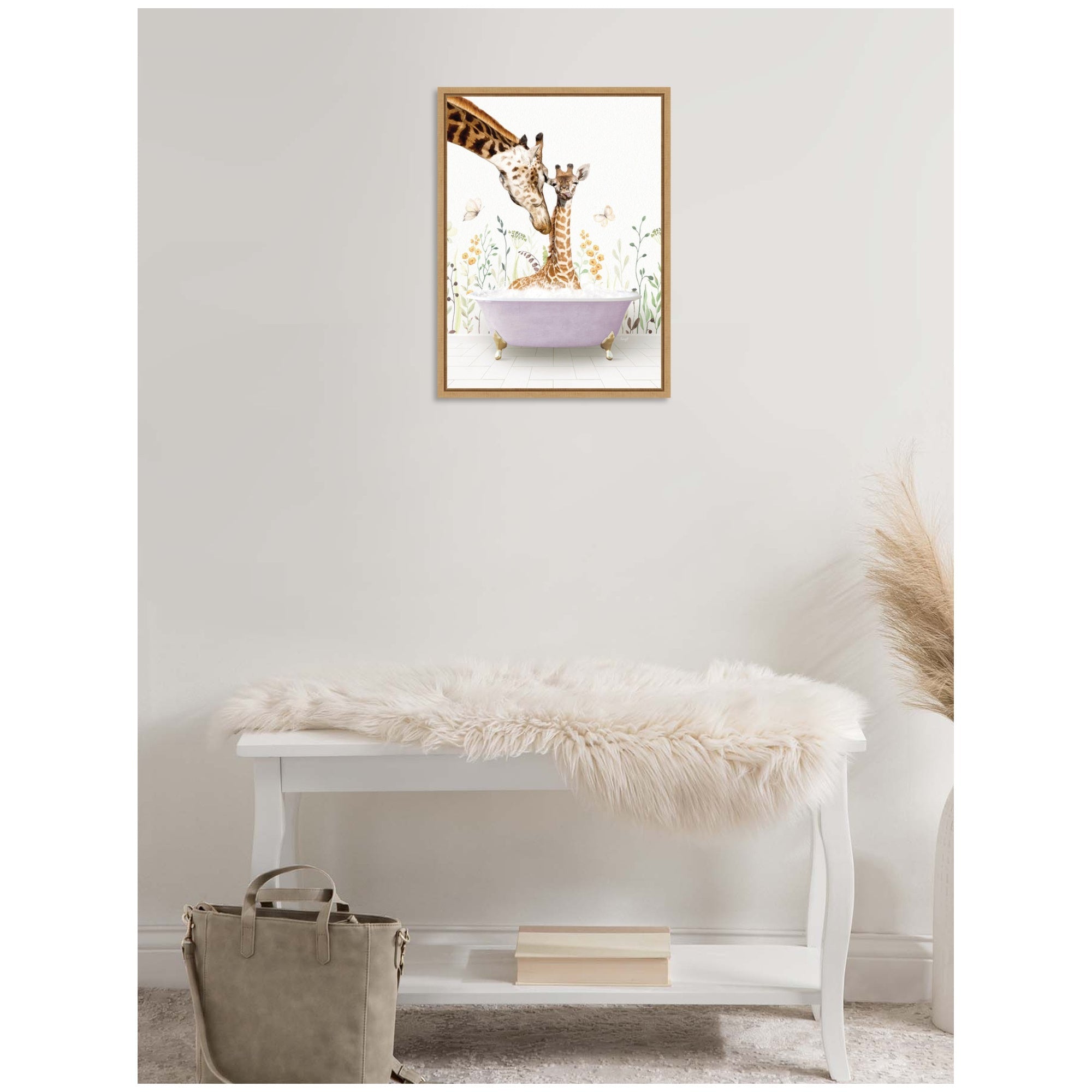 Sylvie Mother and Baby Giraffe in Spring Bathtub Framed Canvas by Amy Peterson