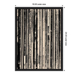 Vertical black and white stripes resembling worn record spines with faded text, framed in black, measuring 18 by 24 inches outer size.