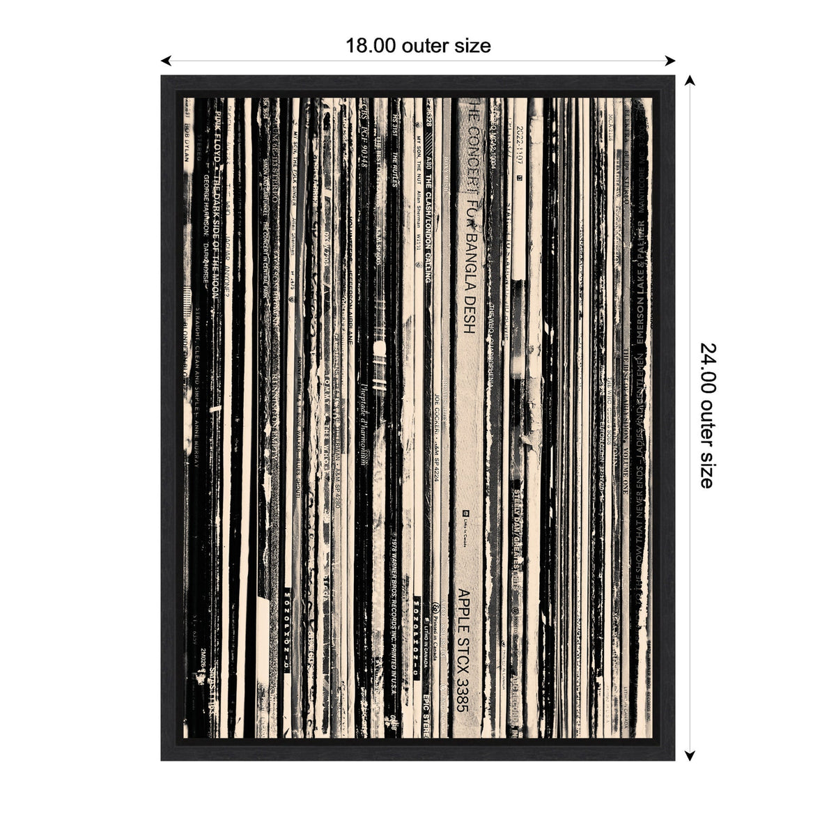 Vertical black and white stripes resembling worn record spines with faded text, framed in black, measuring 18 by 24 inches outer size.