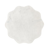 Top view of a white marble tabletop with a subtle grey veining and scalloped edges forming a flower-like shape against a white background.