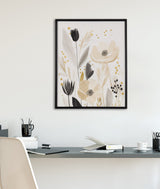 Framed print of muted beige, black, and gray flowers with abstract dots on a white background, hanging above a minimalist desk with office supplies.