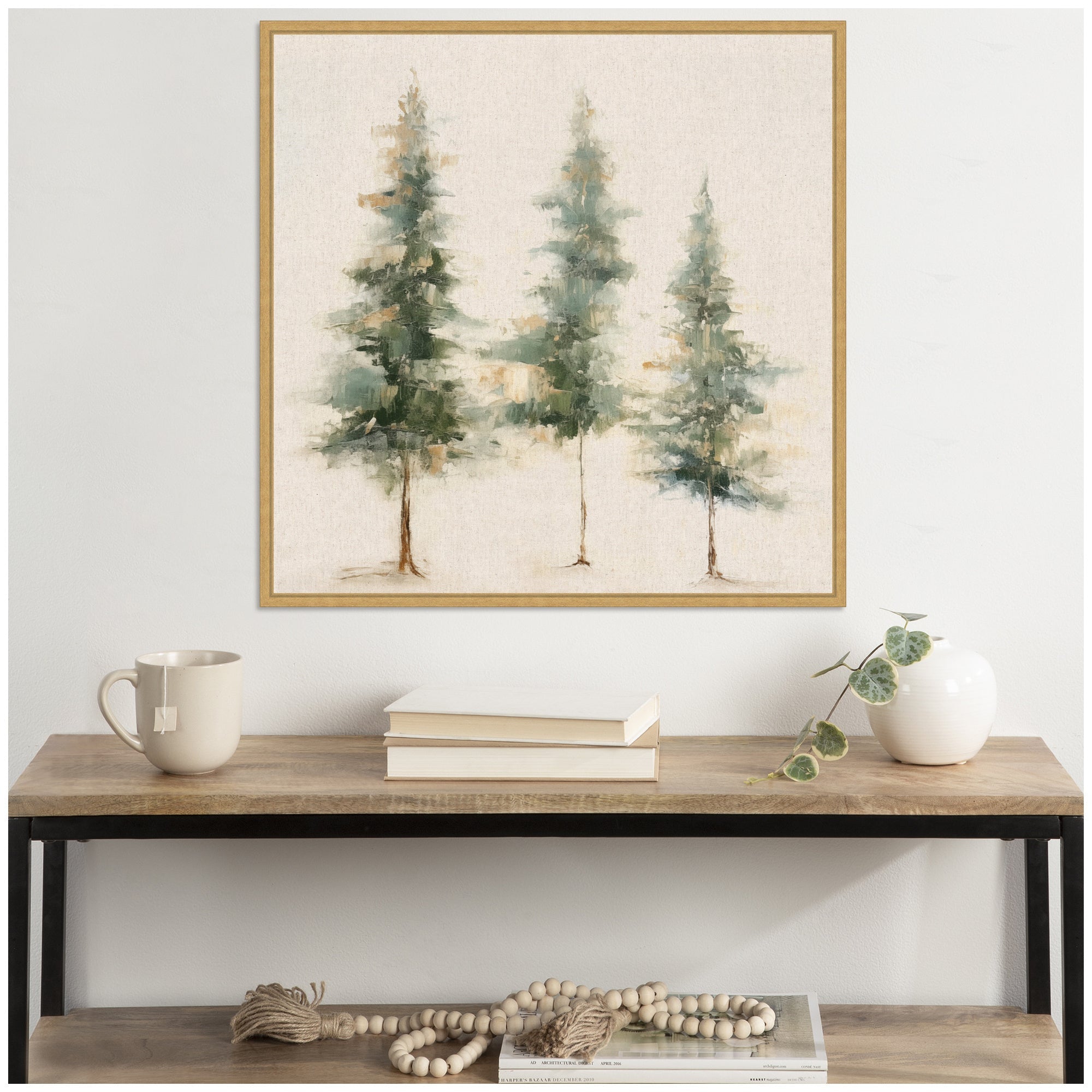 Sylvie Abstract Forest Evergreen Trees on Neutral Linen Framed Canvas