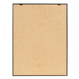 Back view of a rectangular framed canvas with beige backing and black edges, secured by clips at the top corners.