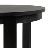 Close-up of a round black wooden side table showing smooth tabletop and three vertical legs with subtle wood grain texture