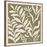 Framed canvas artwork featuring minimalist white botanical leaves and stems on an olive green background with a natural linen border.