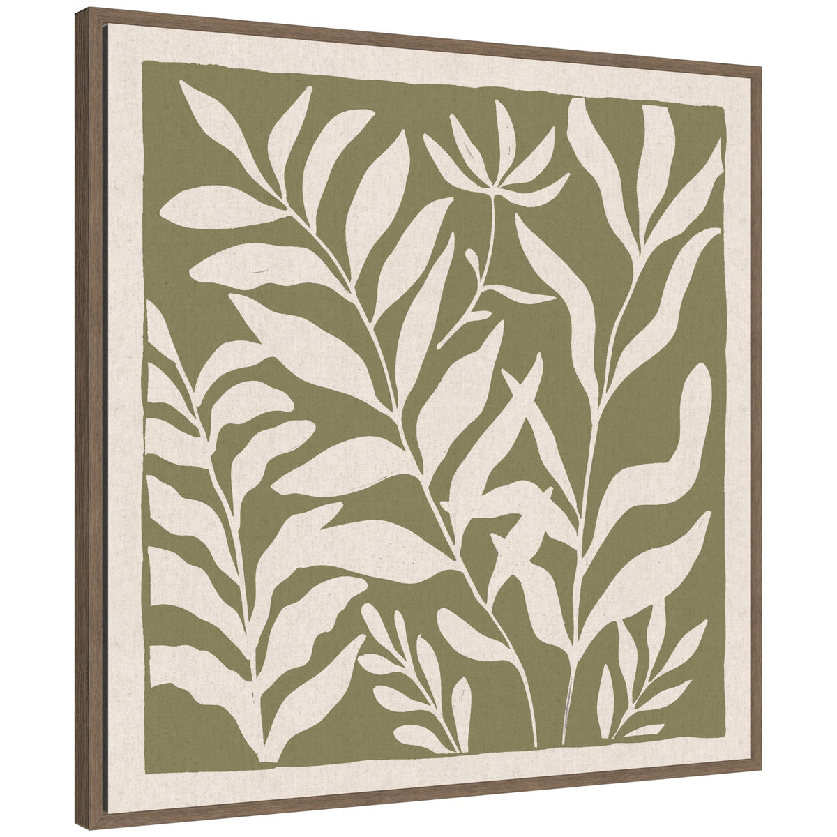 Framed canvas artwork featuring minimalist white botanical leaves and stems on an olive green background with a natural linen border.