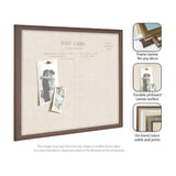 Rectangular linen pinboard framed in brown woodgrain with vintage postcard text and two black and white photos pinned with copper tacks.