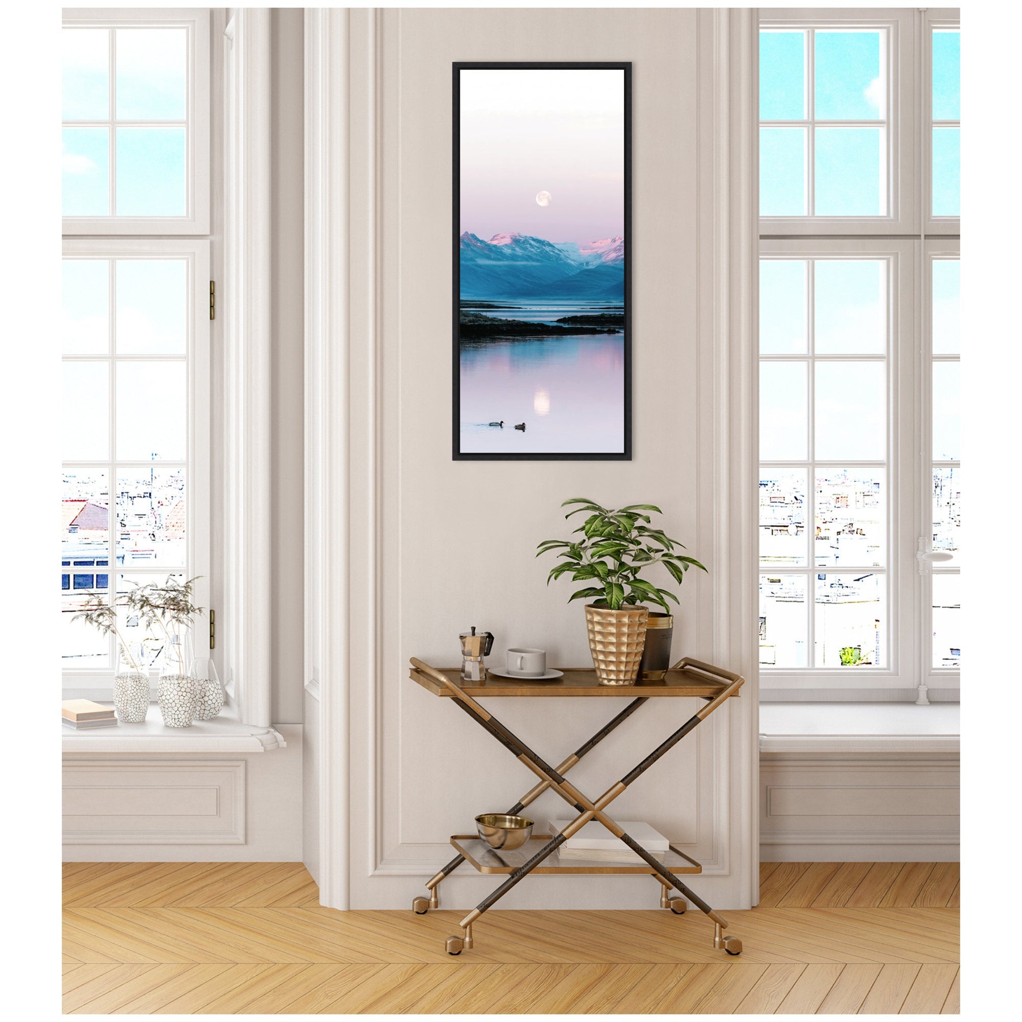 Sylvie Two Ducks in a Lake during Pastel Moonrise over Icelandic Mountains Framed Canvas by Michael Schauer