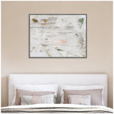 Abstract framed canvas wall art above bed with neutral bedding, featuring white, beige, and subtle green geometric brushstrokes on textured background.