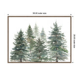 Watercolor painting of mixed pine and evergreen trees in blue-green hues with misty background, framed in light wood measuring 38 by 28 inches.