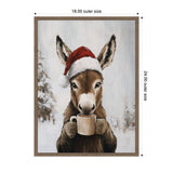 Painting of a donkey wearing a red Santa hat holding a cream-colored mug with both hooves, set against a snowy winter background with trees.