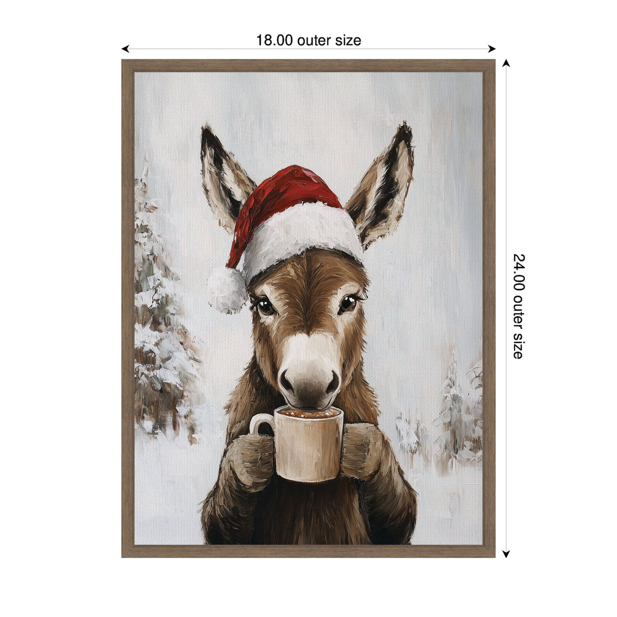 Painting of a donkey wearing a red Santa hat holding a cream-colored mug with both hooves, set against a snowy winter background with trees.