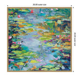 Abstract canvas painting of waterlilies in a pond with vibrant splashes of green, blue, pink, and yellow, enclosed in a decorative gold frame.