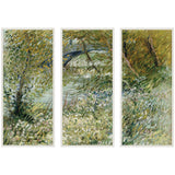 Three piece framed canvas wall art set depicting Vincent van Gogh's River Bank in Springtime 1887 in white beaded frames