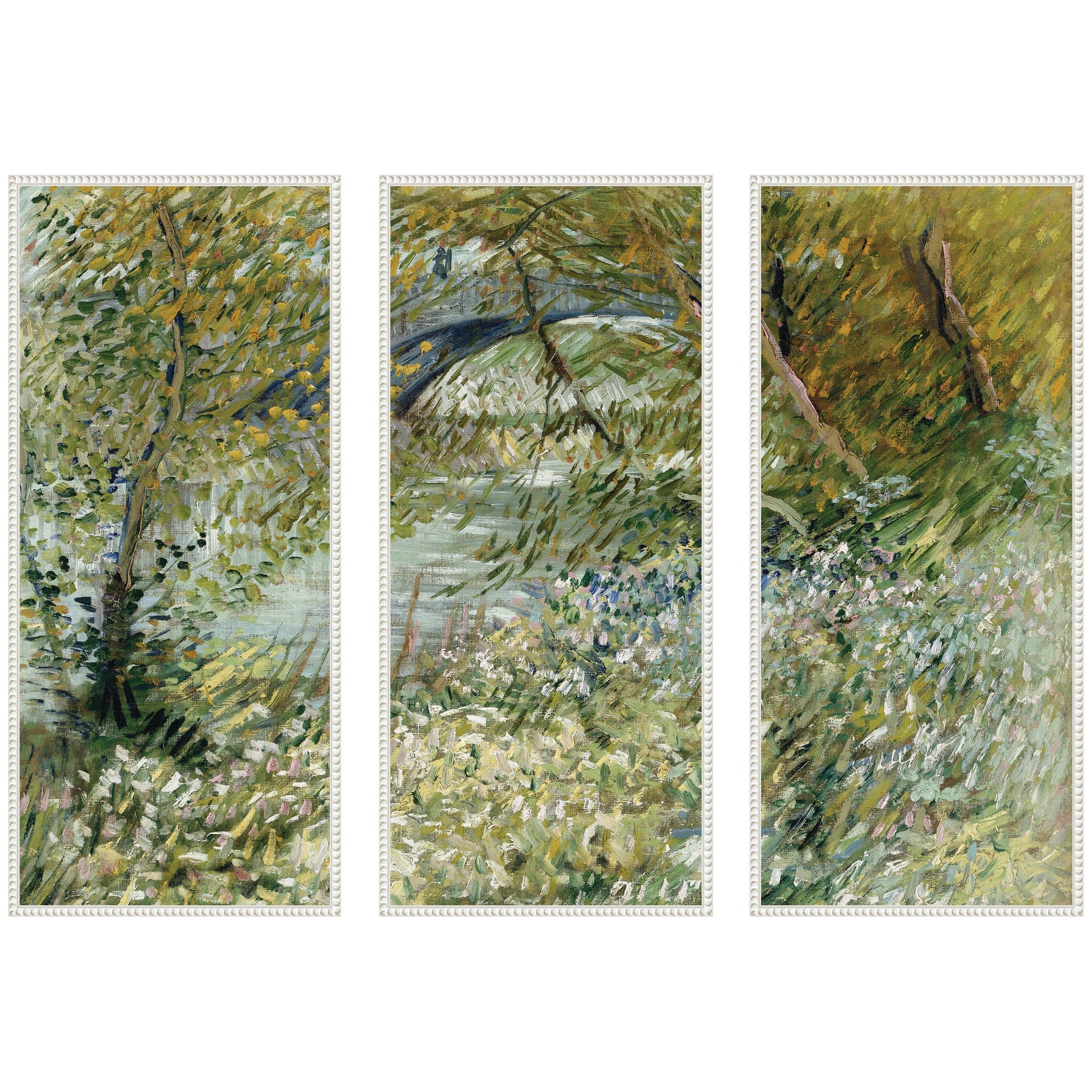 Three piece framed canvas wall art set depicting Vincent van Gogh's River Bank in Springtime 1887 in white beaded frames