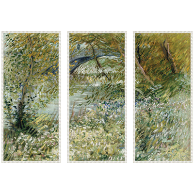 Three piece framed canvas wall art set depicting Vincent van Gogh's River Bank in Springtime 1887 in white beaded frames