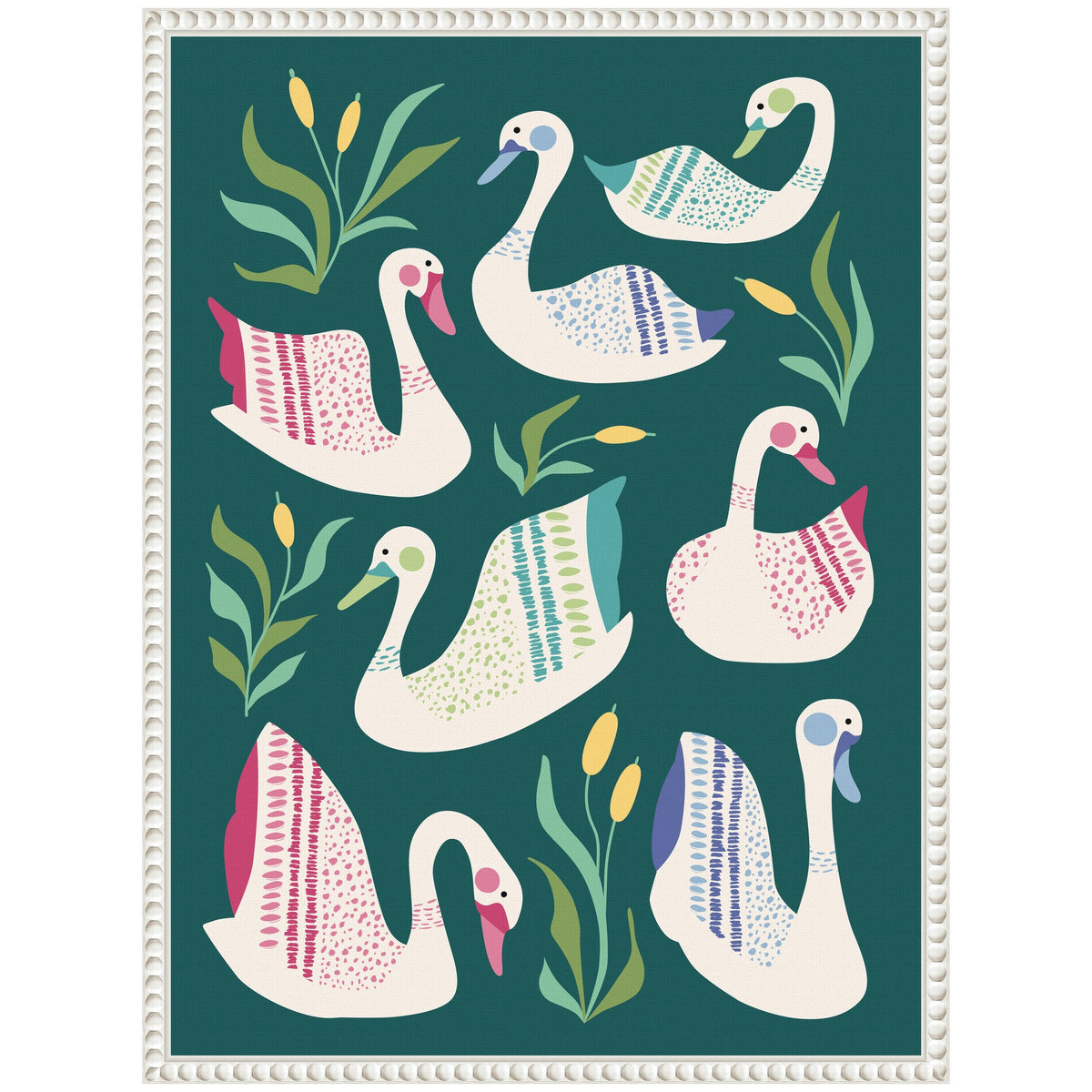 Stylized illustration of seven white swans decorated with colorful feather patterns in pink, blue, and green, surrounded by green reeds with yellow tips on a dark teal background.