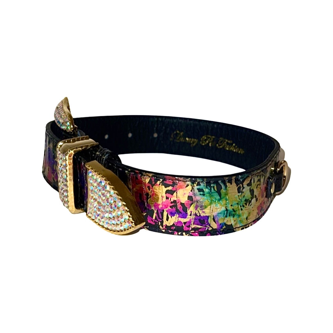 Art Deco style snake collar with multicolored iridescent pattern and Swarovski crystal-adorned Italian gold hardware buckle, shown on black interior lining.