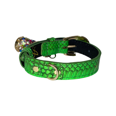 XS/S 7”-14” Neon Green Custom Snake Collar/Custom Gold Oval Italian