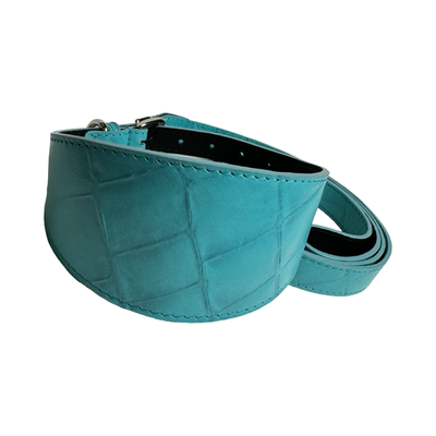 The Tiffany Collection Turquoise Blue Embossed Croc Italian Leather 3” Wide Collar with Silver Hardware