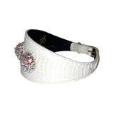 Wide matte white collar with textured pattern, adorned with two large clusters of iridescent Swarovski crystals and a gold buckle closure.