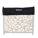 Woodhaven Short Firewood Rack Seasoning Cover in black on a firewood rack