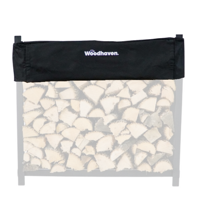 Woodhaven Short Firewood Rack Seasoning Cover in black on a firewood rack