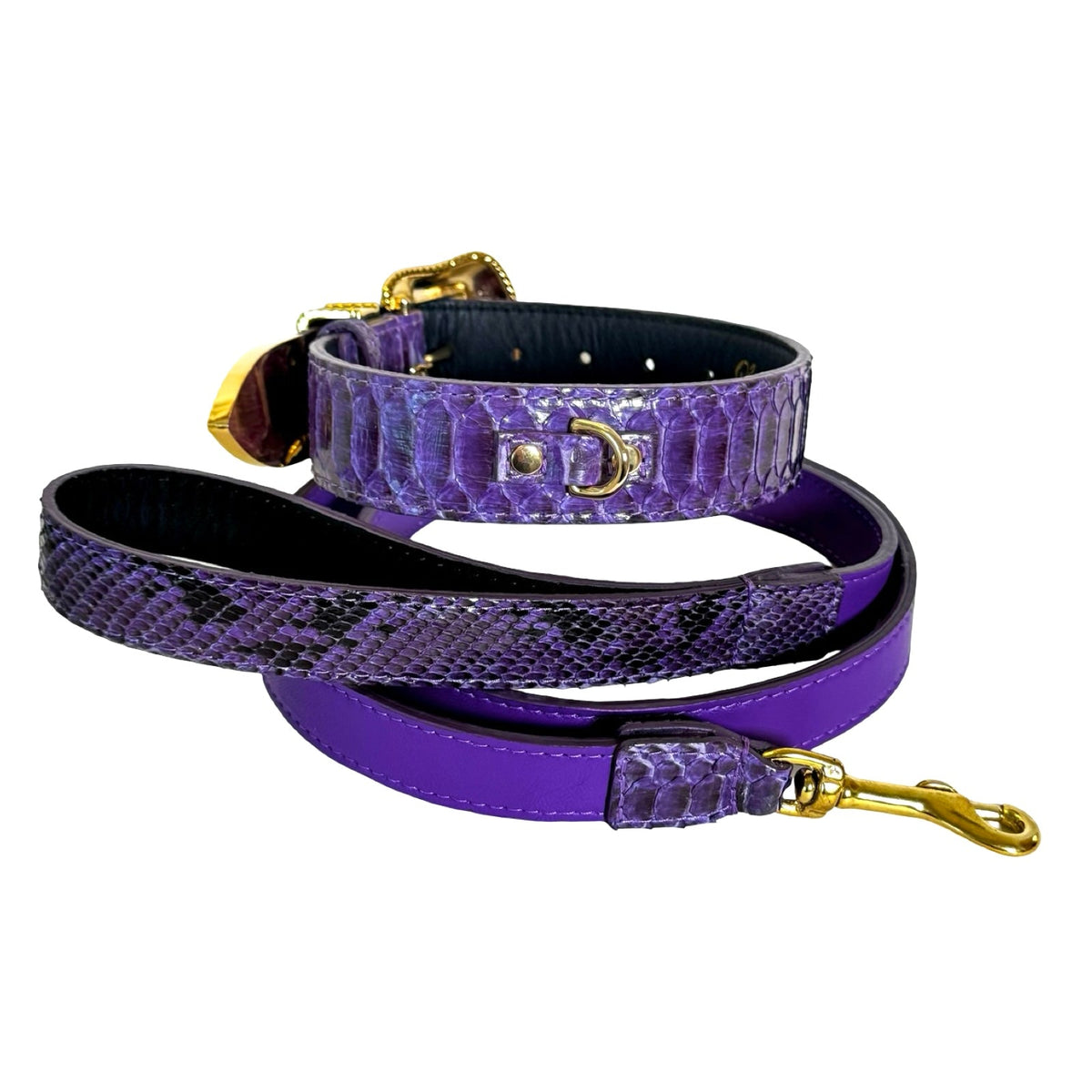 Purple python leather dog collar and leash set with gold-tone hardware, featuring textured reptile pattern and smooth leather details.