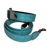 Turquoise blue Italian leather dog collar and leash set embossed with croc pattern and featuring silver-tone hardware encrusted with Swarovski crystals.