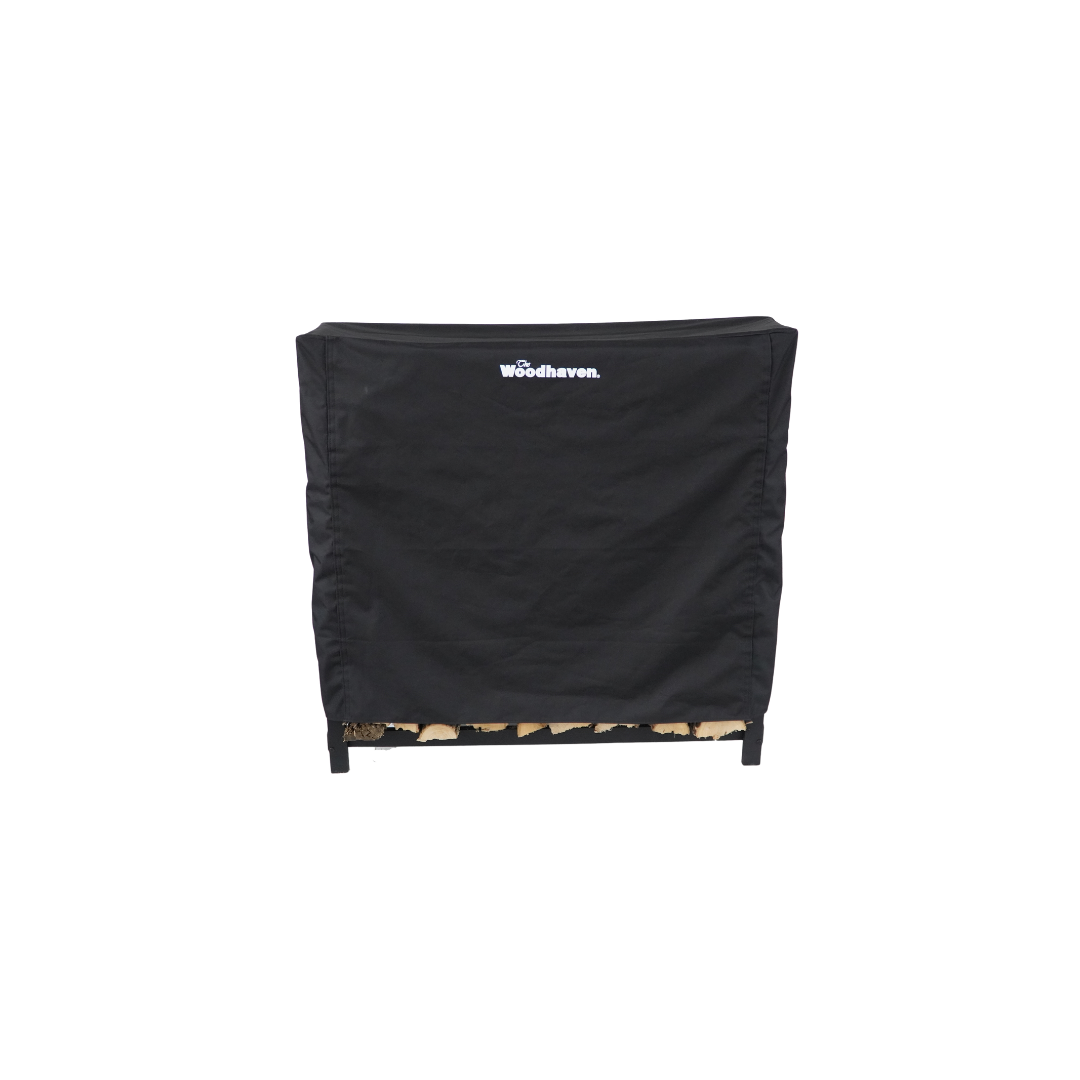 Woodhaven Full Firewood Rack Cover on firewood rack in outdoor setting