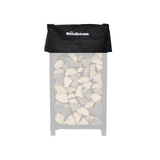 Woodhaven Short Firewood Rack Seasoning Cover in black on a firewood rack