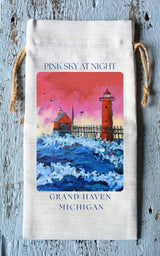 Wine Tote: Grand Haven Lighthouse - Pink Sky at Night by Dreese Fine Art - Resin Society