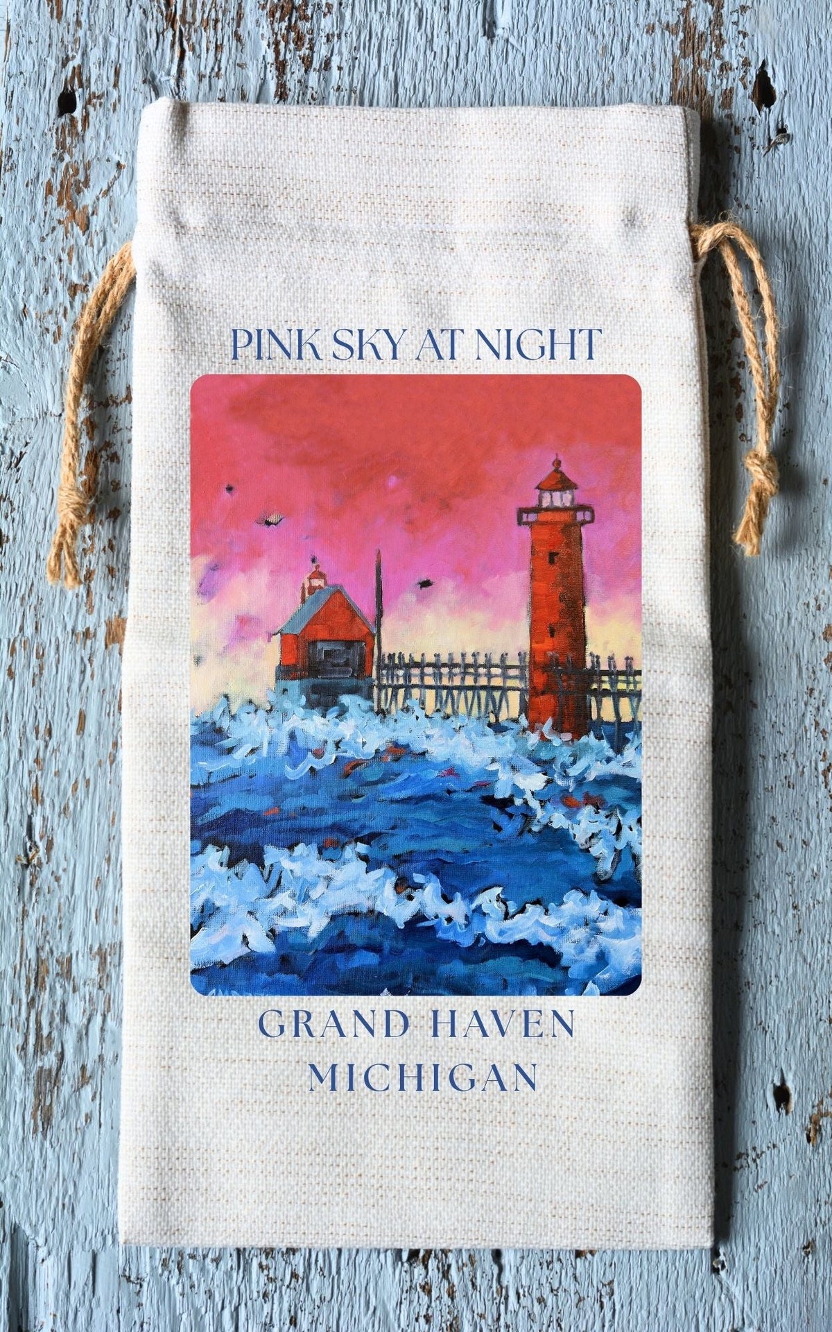 Wine Tote: Grand Haven Lighthouse - Pink Sky at Night by Dreese Fine Art - Resin Society