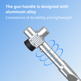 Silver metallic laser cleaning gun handle made of aluminum alloy, sleek cylindrical body with ribbed grip section, shown on a light blue gradient background