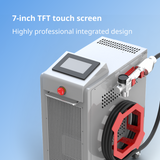 Compact gray fiber laser cleaning machine with 7-inch touchscreen, red emergency stop button, black coiled cable, and red-accented hexagonal fixture on side.