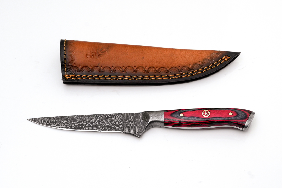 Hand-Forged Damascus Steel Skinning Knife with red and black Pakkawood handle and mosaic pin